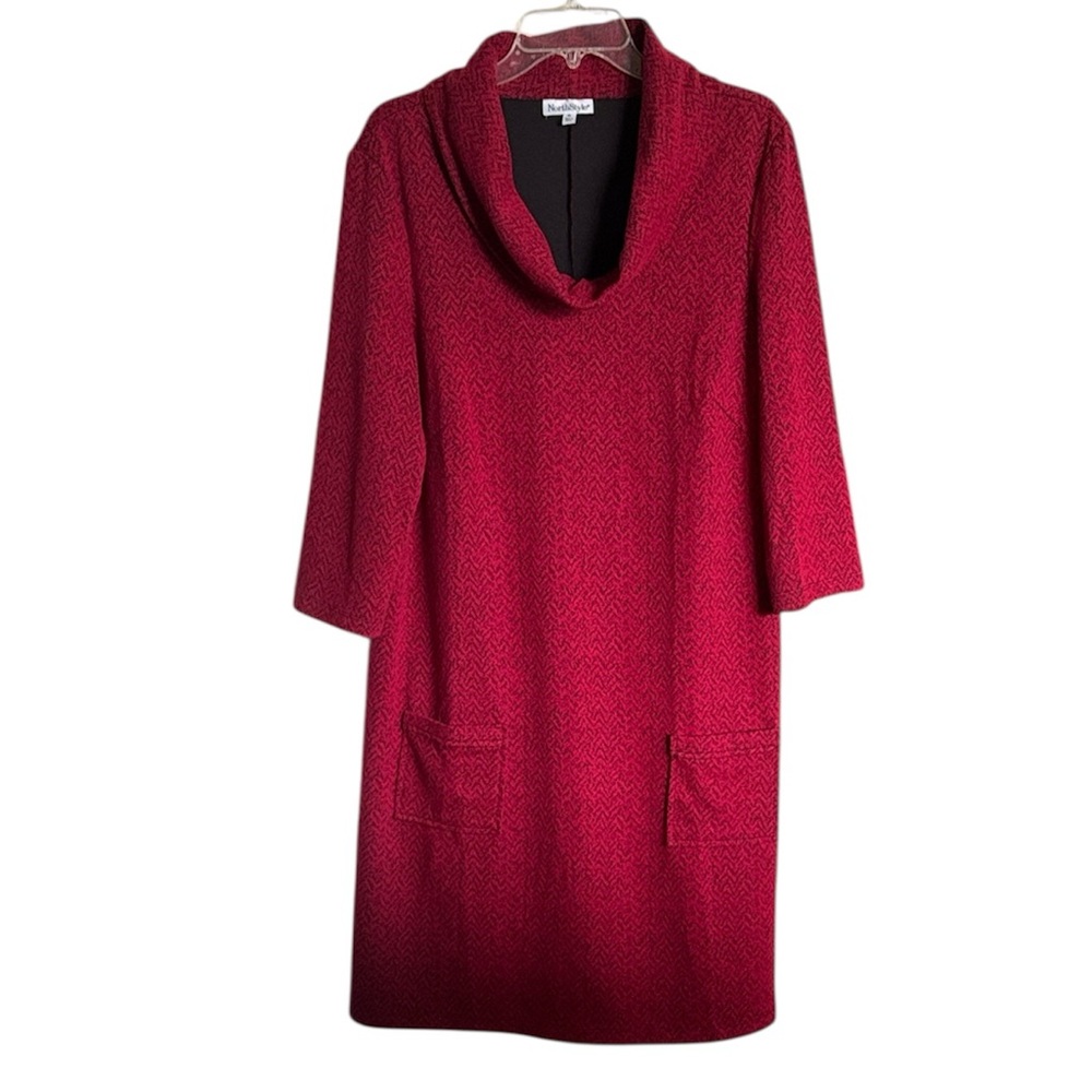 NORTHSTYLE Women's Red Black 3/4 Sleeve Front Pockets Cowl Neck Shift Dress XL